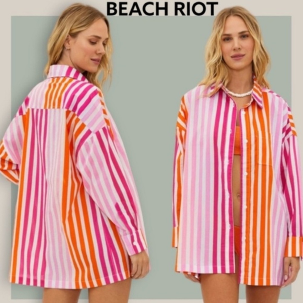 Beach Riot Pink & Orange Striped Button-Front Swim Coverup